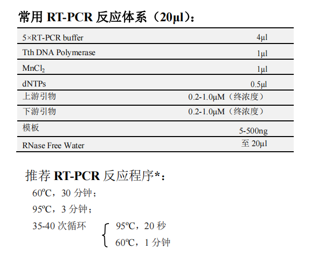 Tth DNA Polymerase(with dNTP) 常用RT-PCR反應(yīng)體系（20μL）以及推薦RT-PCR反應(yīng)程序*